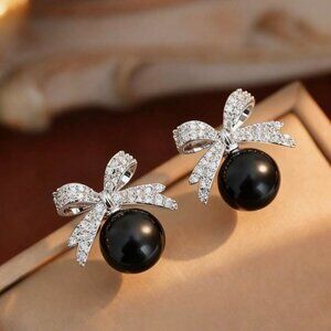 Black Pearl Bow Earrings – Silver Crystal Statement Studs